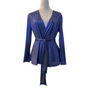 Women's Blue Pants Set V-Neck Wrap Blouse with Belt M Party Cocktail Holiday